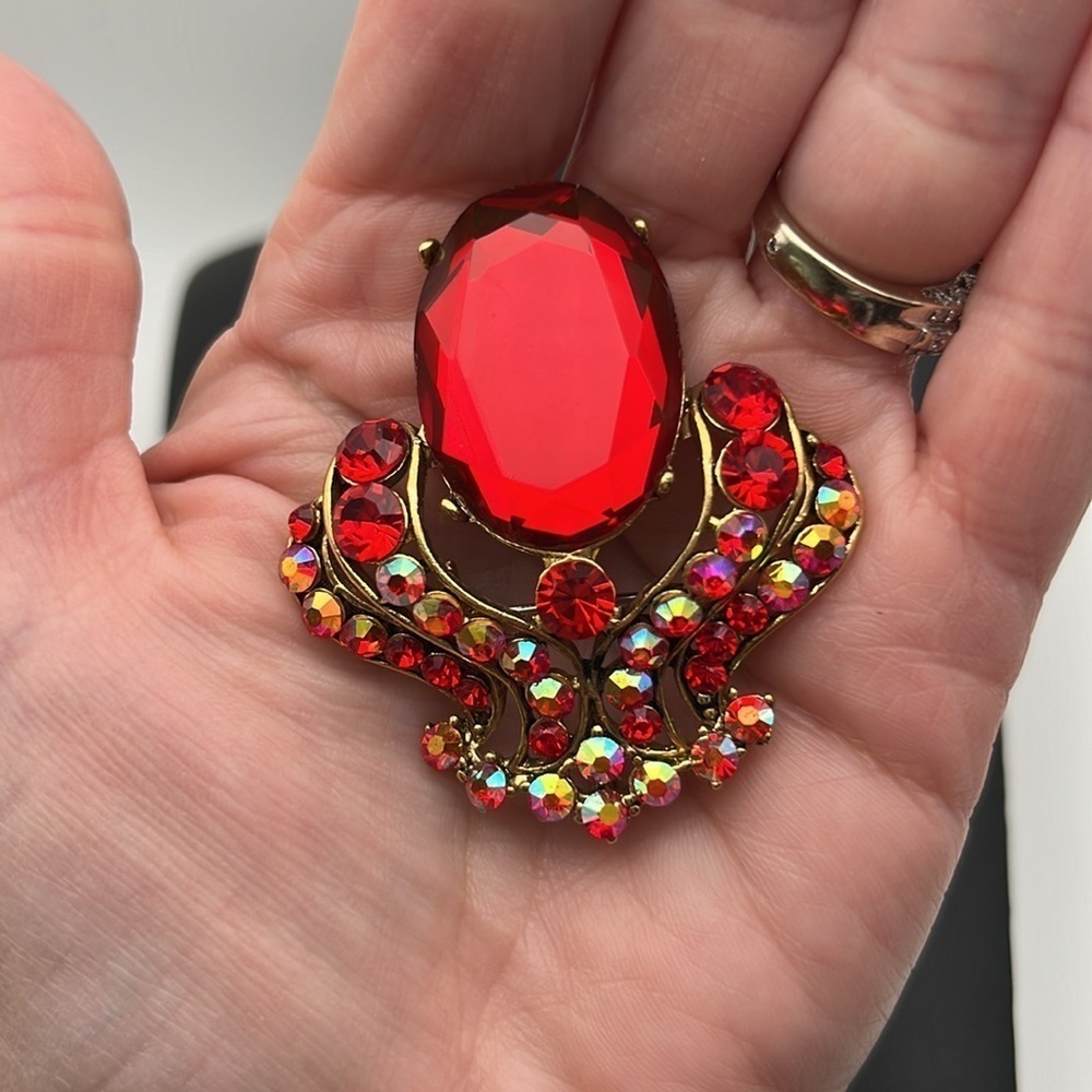 Large bright statement red/Aurora Borealis AB pin/brooch/pendant
